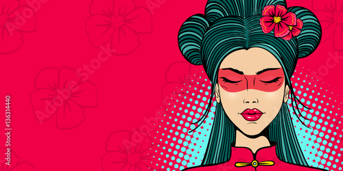 Pop art female face. Young sexy asian woman with eyes closed in a sling and flowers on her head on flower and halftone background. Vector illustration in retro comic style. Party invitation poster.