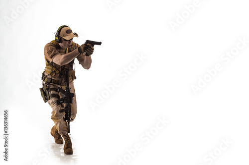 Photos man military outfit a mercenary soldier in modern times on a white background in