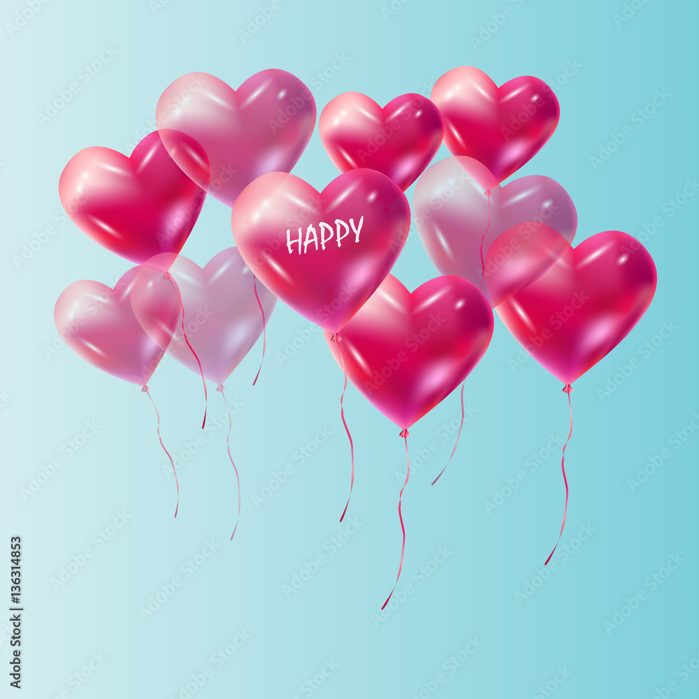 Heart balloons flying vector decoration. Red Heart balloons isolated on blue sky. Heart romance love symbol for Valentine's Day, Birthday, Wedding, celebration greeting cards, invitation, advertising.