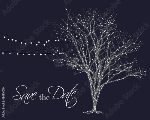 Lights on tree vector. Save the date background. Night glowing lamps hanging on party decoration.