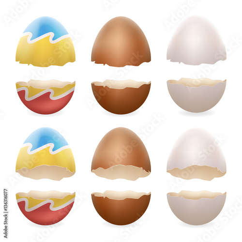 Broken eggs cracked open easter eggshell design 3d realistic icons set isolated vector illustration