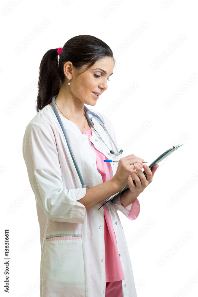 Portrait of doctor woman writing with clipboard isolated over white background Portrait of doctor woman writing with clipboard isolated over white background