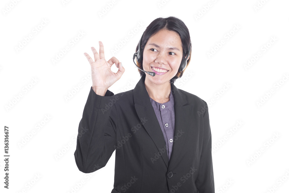 Asia women happy smiling customer support operator with headset isolated on white background. Asia women happy smiling customer support operator with headset isolated on white background.
