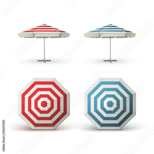 Vector Set of White Blank Red Blue Striped Patio Outdoor  Market Beach Cafe Bar Pub Restaurant Round Umbrella Parasol   for Branding Top Side View Mock up Close up Isolated on White Background