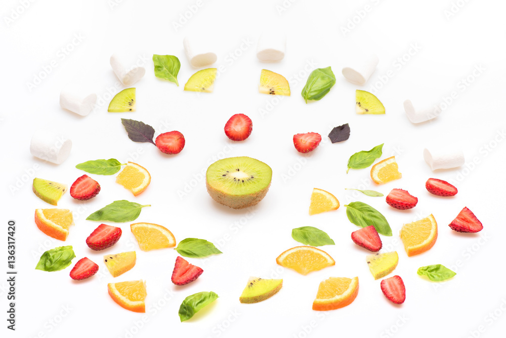 green mint leaves, kiwi, strawberry and orange isolated on white green mint leaves, kiwi, strawberry and orange isolated on white