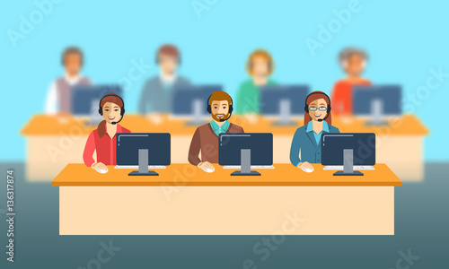 Call center agents team at office. Flat vector banner. Customer care operators, guys and girls with smiling faces sitting at desks with computers. Online support service assistants with headphones.