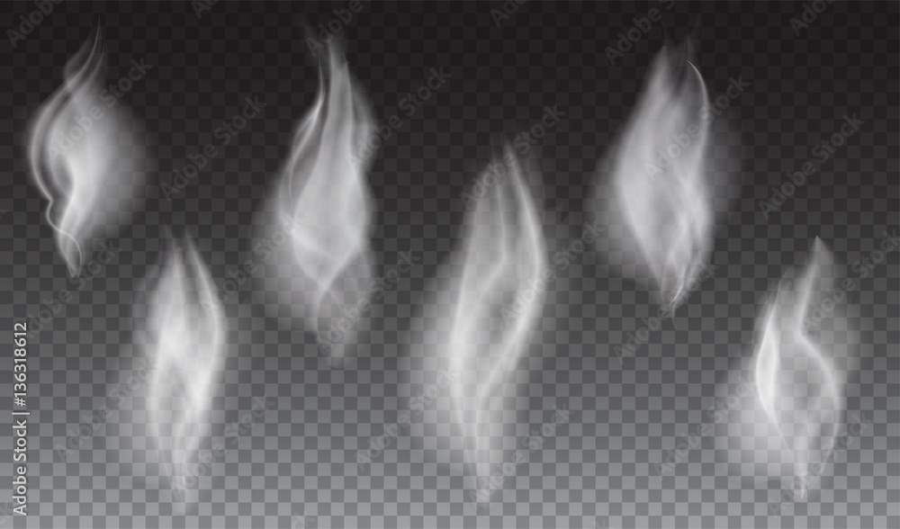 Set of delicate white cigarette smoke waves on transparent background vector illustration - obrazy, fototapety, plakaty 