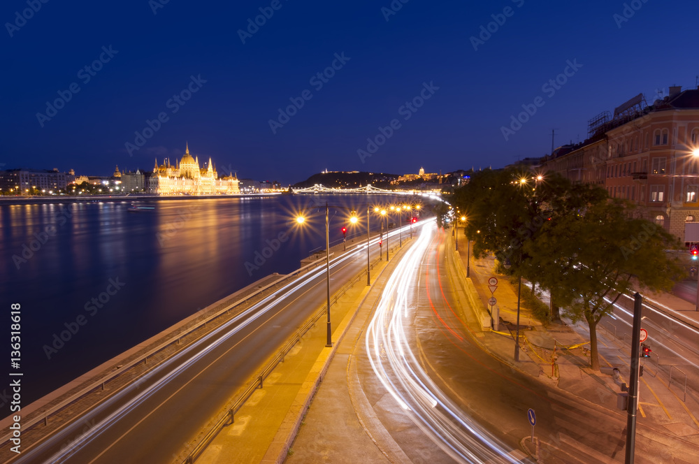 Budapest city at night with car trail lights, long exposure photo