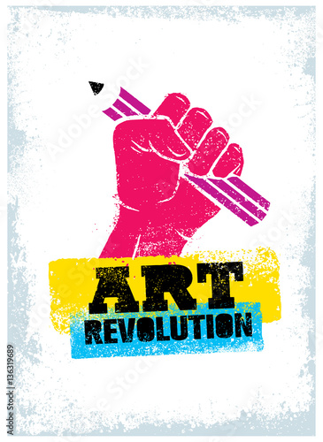Art Revolution Creative Poster Concept. Hand Holding Pencil Stencil Vector