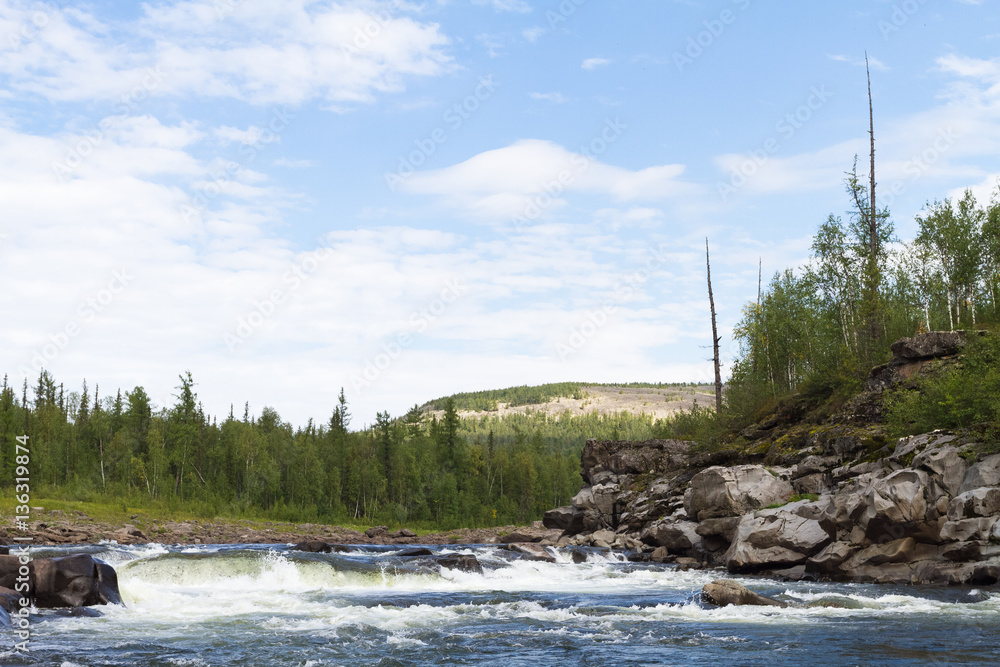 Fantastical cliffs and rapids on the river.  Krasnoyarsk territory