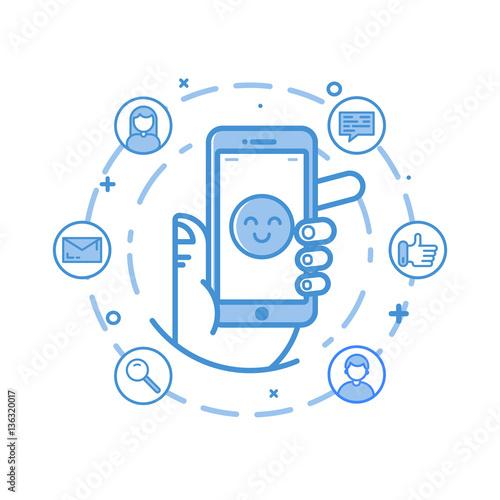 Vector illustration in flat bold linear style. Boy holding mobile phone with smile on his face.