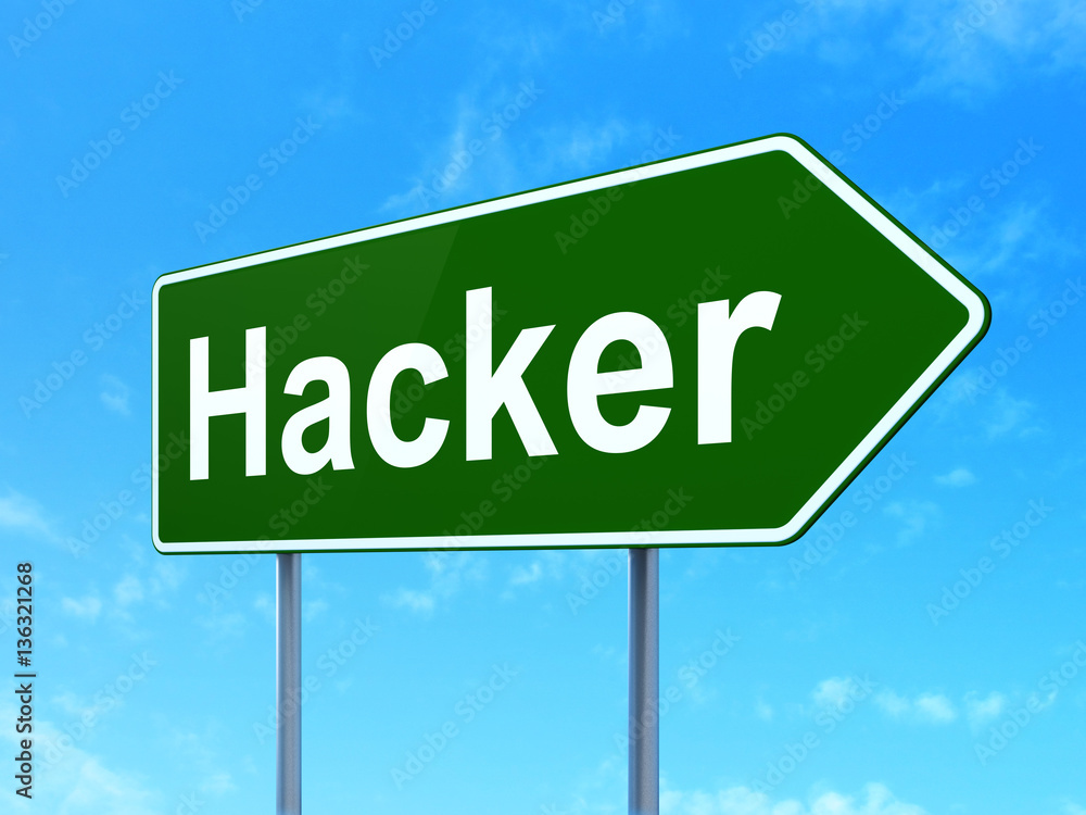 Safety concept: Hacker on road sign background Safety concept: Hacker on road sign background