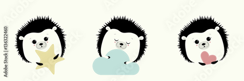 Illustration. You can apply for Valentine's day.Cute hedgehogs are depicted with open and closed eyes, holding in the paws a pink heart, a blue cloud and yellow star.