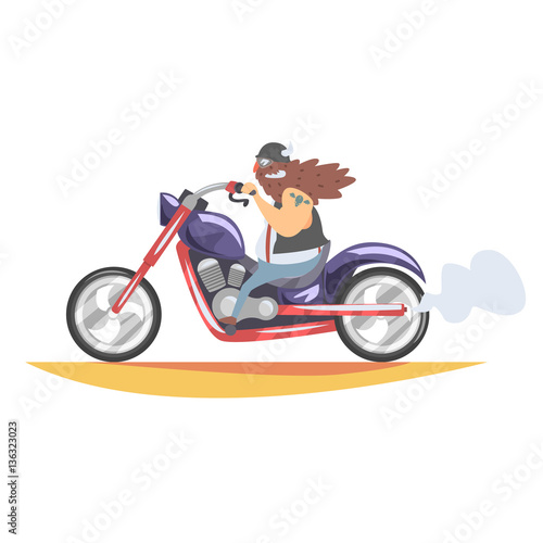 Outlaw Biker Club Member With Long Beard And Tattoo Riding Heavy Chopper In Leather Vest And Smiling © topvectors
