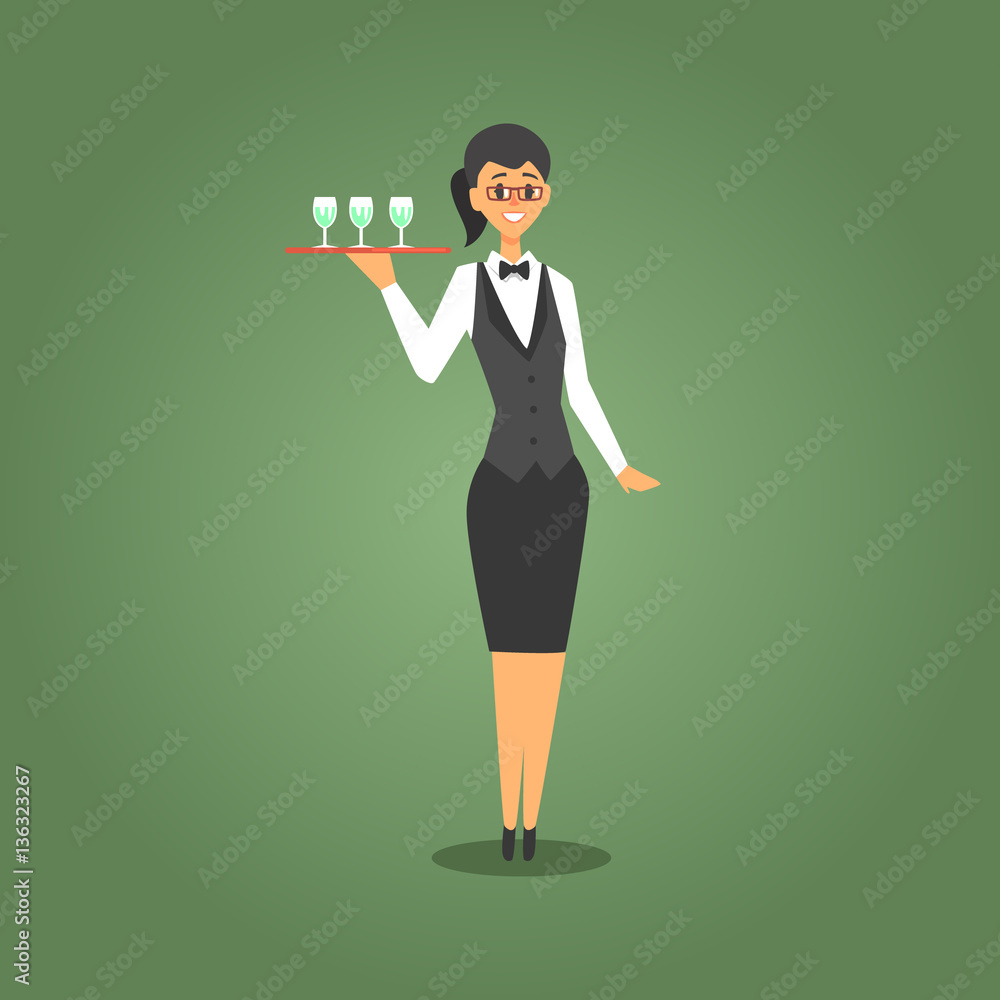 Female Waiter In Bow Tie Serving Champagne To Gamblers, Gambling And Casino Night Club Related Cartoon Illustration Female Waiter In Bow Tie Serving Champagne To Gamblers, Gambling And Casino Night Club Related Cartoon Illustration