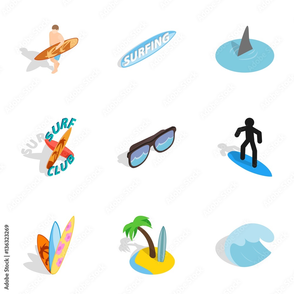 Obraz premium Surf elements icons set, isometric 3d style