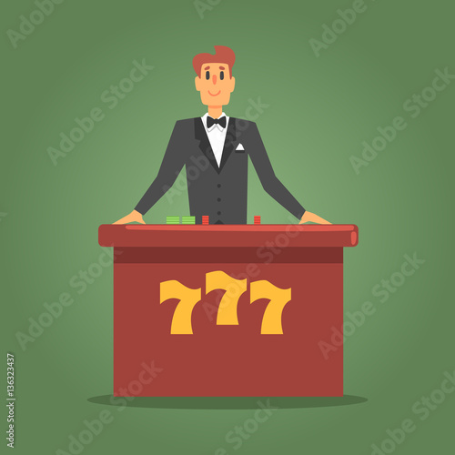 Male Dealer Waiting For Guests At The Poker Table, Gambling And Casino Night Club Related Cartoon Illustration