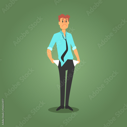 Sad Gambler That Lost All The Money, Broke And Bankrupt, Gambling And Casino Night Club Related Cartoon Illustration