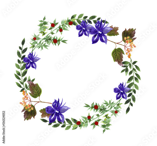 floral wreath, watercolor painted border frame with leaves, blue flowers, berries, butcher's broom