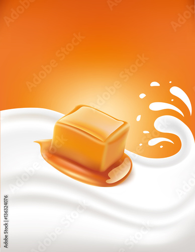 caramel candy on milk splash