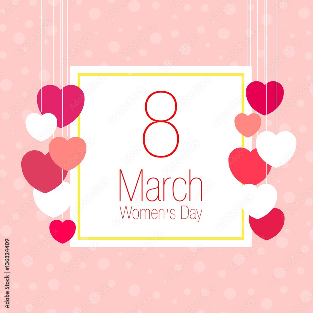 vectror illustration with March 8 Womens Day greeting card and hearts on pink background