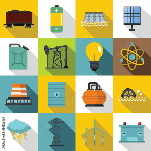 Energy sources items icons set, flat style