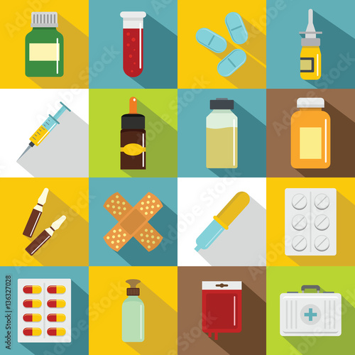 Different drugs icons set, flat style