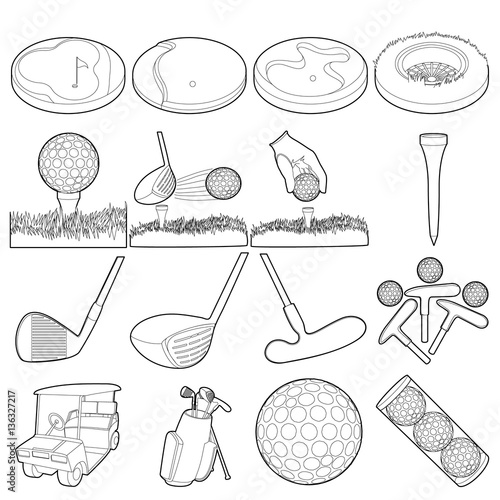 Golf items icons set, outline style