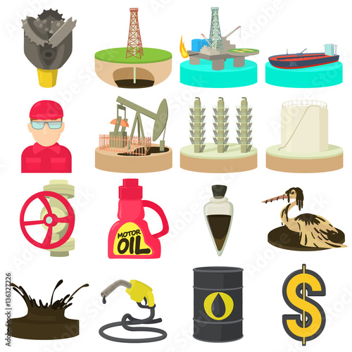 Oil and energy industry icons set, cartoon style