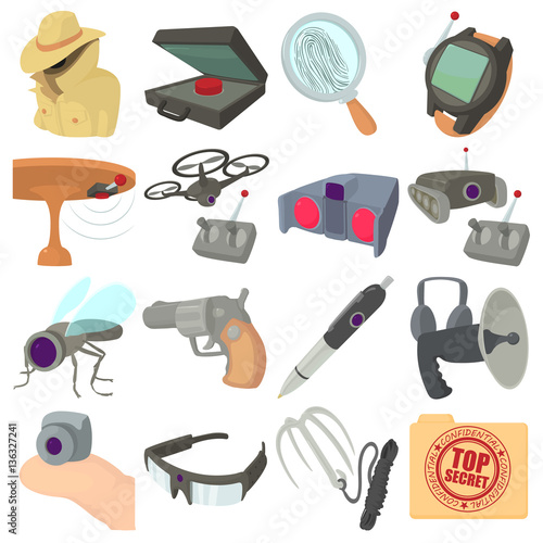 Spy and security icons set, cartoon style
