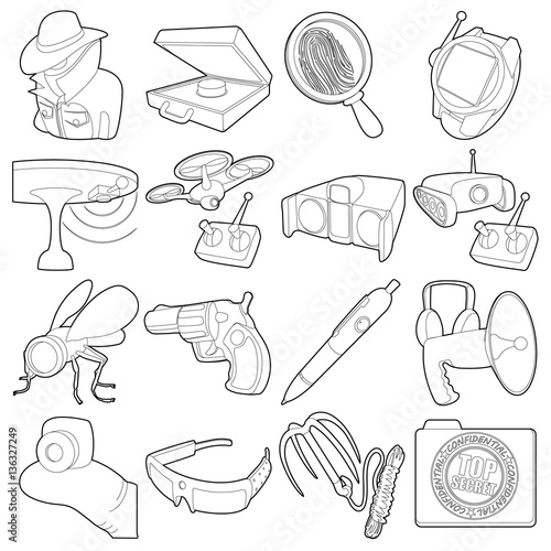 Spy and security icons set, outline style