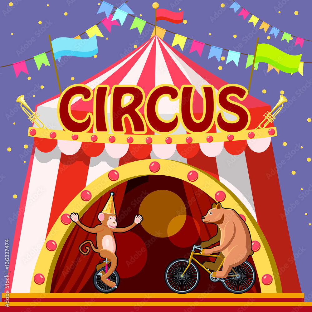 Circus Animals Show Tent Concept, Cartoon Style Stock Vector 