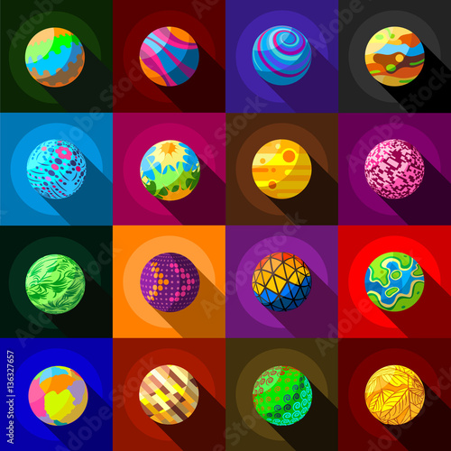 Fantastic colorful planets icons set, flat style
