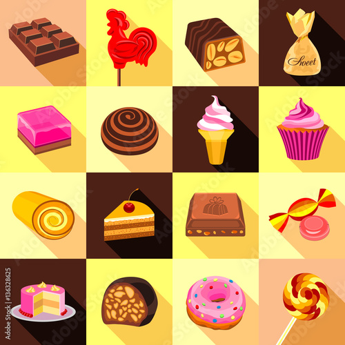 Sweets, chocolate and cakes icons set, flat style