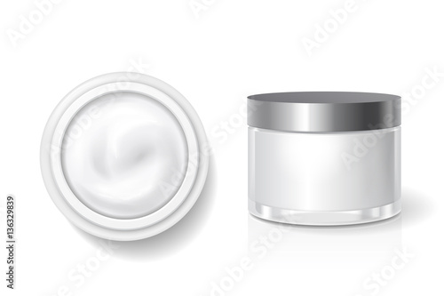 Blank packaging of cream, butter for skin care, White cosmetic jar with silver lid vector template. Top and side view