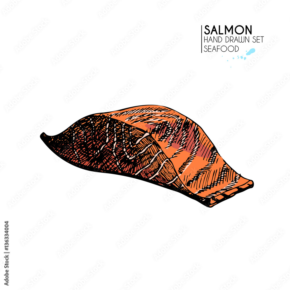 Vector hand drawn set of seafood icons. Isolated salmon meat slice. Engraved colored art.