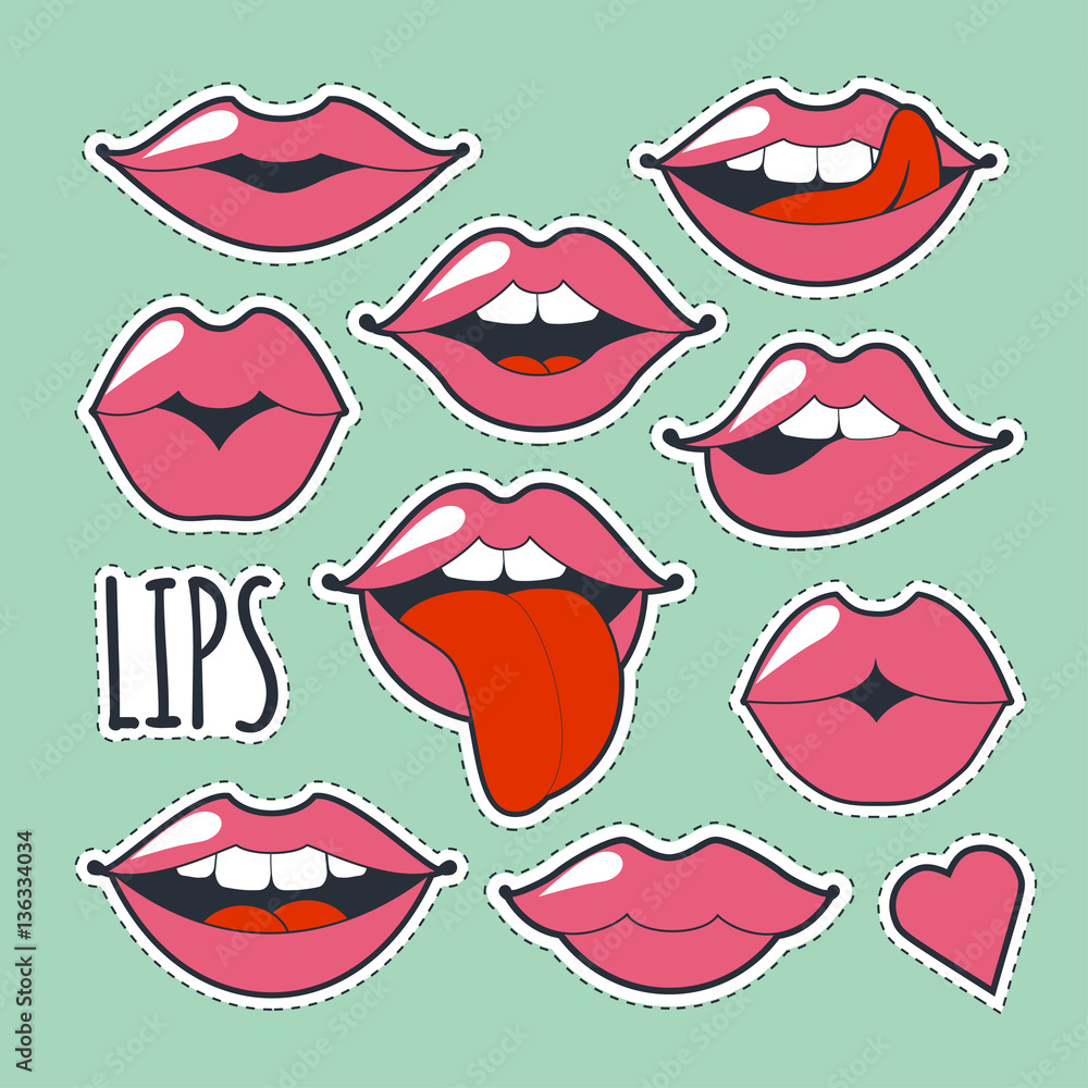 Set glamorous quirky icons. Vector illustration for fashion design. Bright pink makeup kiss mark. Passionate lips in cartoon style of the 80 s and 90 s isolated on white background. Set glamorous quirky icons. Vector illustration for fashion design. Bright pink makeup kiss mark. Passionate lips in cartoon style of the 80 s and 90 s isolated on white background.