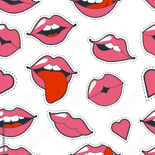 Glamorous quirky seamless background. Vector illustration for fashion design. Bright pink makeup kiss mark. Passionate lips in cartoon style of the 80 s and 90 s isolated on white background.