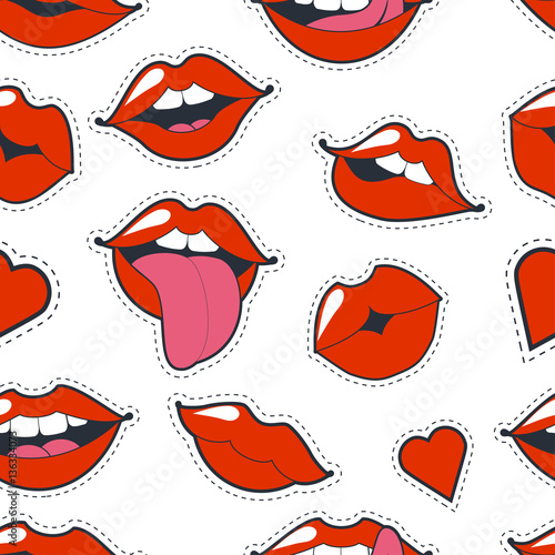 Glamorous quirky seamless background. Vector illustration for fashion design. Bright pink makeup kiss mark. Passionate lips in cartoon style of the 80 s and 90 s isolated on white background.