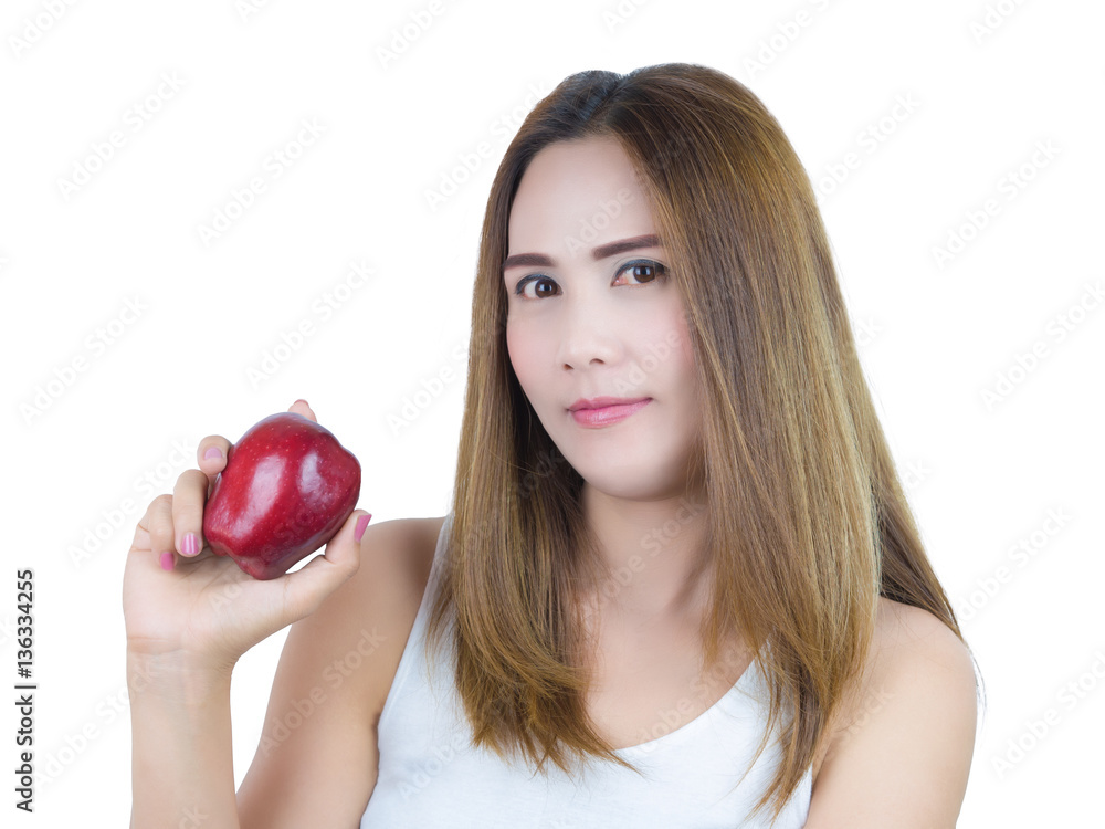 Asian beautiful Woman smiling And holding Apples, isolated on white background. Healthy Food concept.