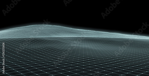 Abstract glowing mesh surface on black background.