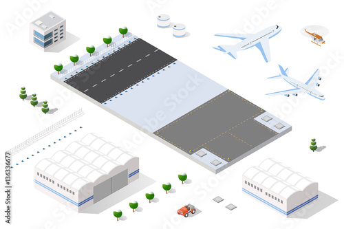 Isometric set 3D airstrip of the city international airport terminal and the plane transportation and airplane runway, aircraft jet. Urban transport and building construction. Roads, trees and paths.