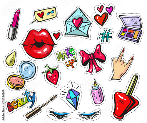 Fashion patch badges with lips and make up elements pop art