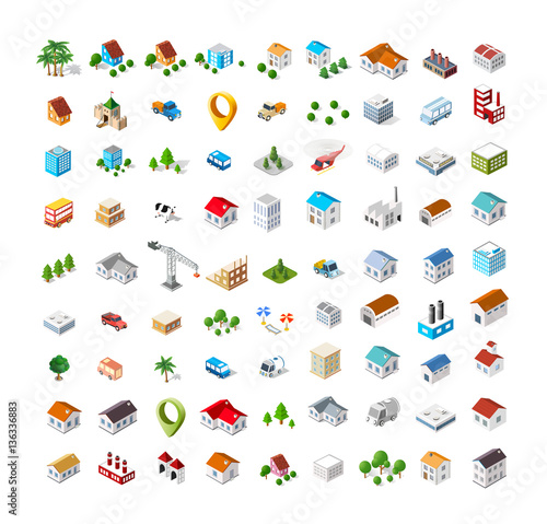 Isometric vector 3D icon city buildings for web concept set which includes house, crane, homes shop stores, supermarkets and industrial elements