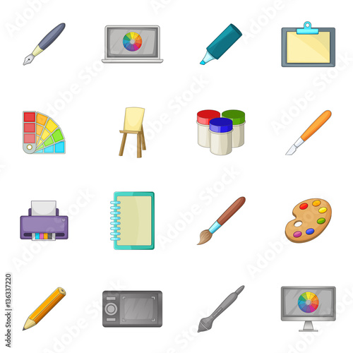 Drawing and painting tool icons set, cartoon style