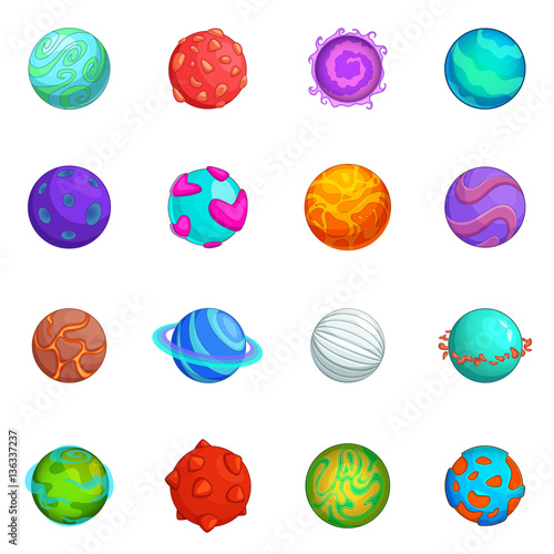 Fantastic planets icons set, cartoon style