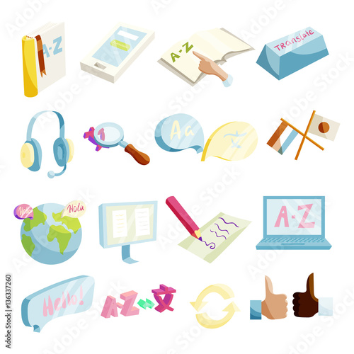Translator symbols icons set, cartoon style