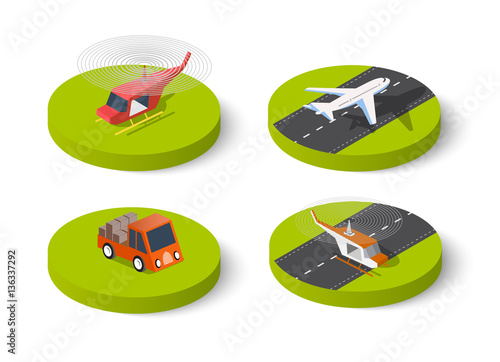 Helicopter passenger plane 3d isometric icon. Flat 3d dimensional high quality transport. Craft infographic element landed airplane in airport