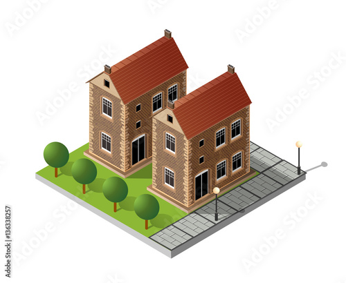 Retro isometric country college house municipal infrastructure and city educational objects