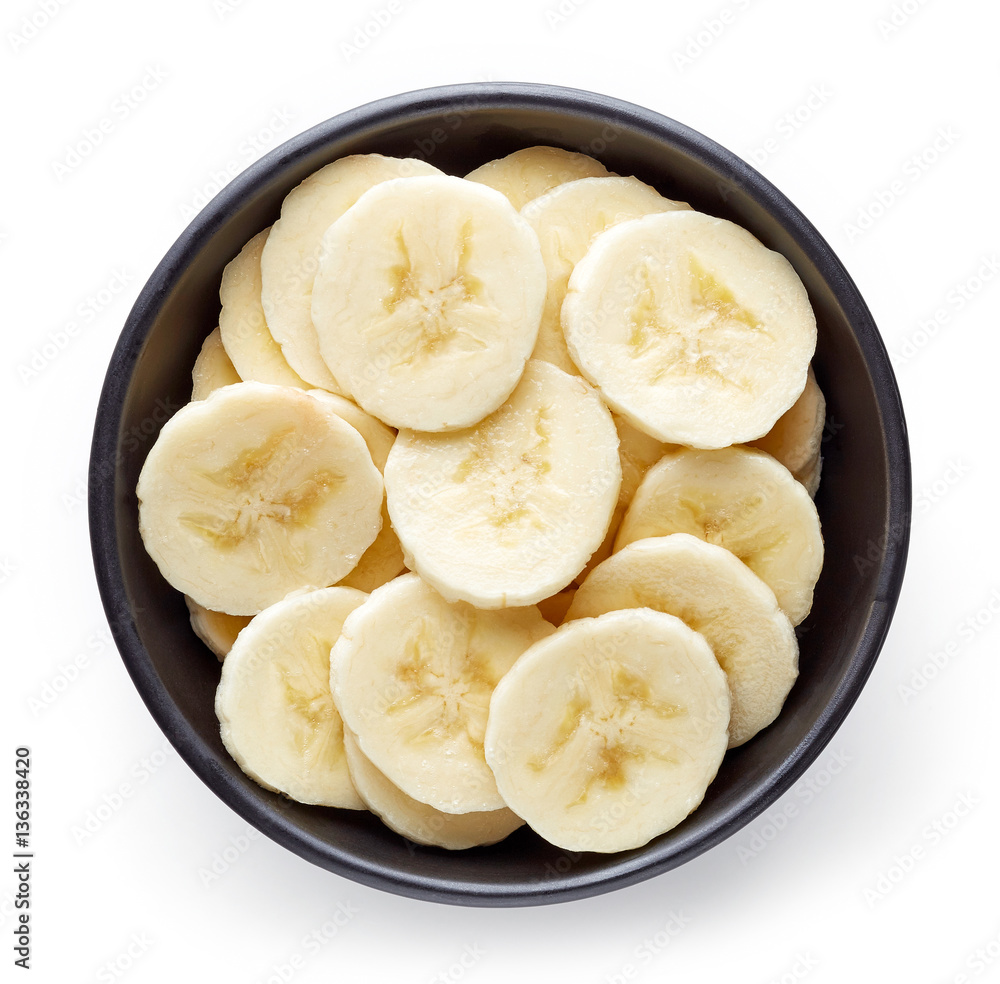 Bowl of sliced banana from above Bowl of sliced banana from above